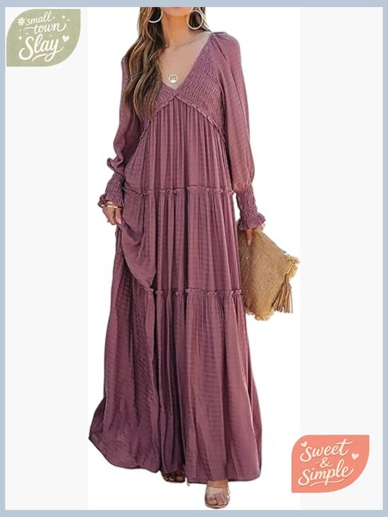 Dresses & Skirts - Flowy Maxi Dress Long Sleeve V Neck Empire Waist Ruffle Boho Casual